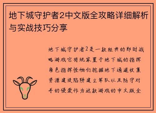 地下城守护者2中文版全攻略详细解析与实战技巧分享